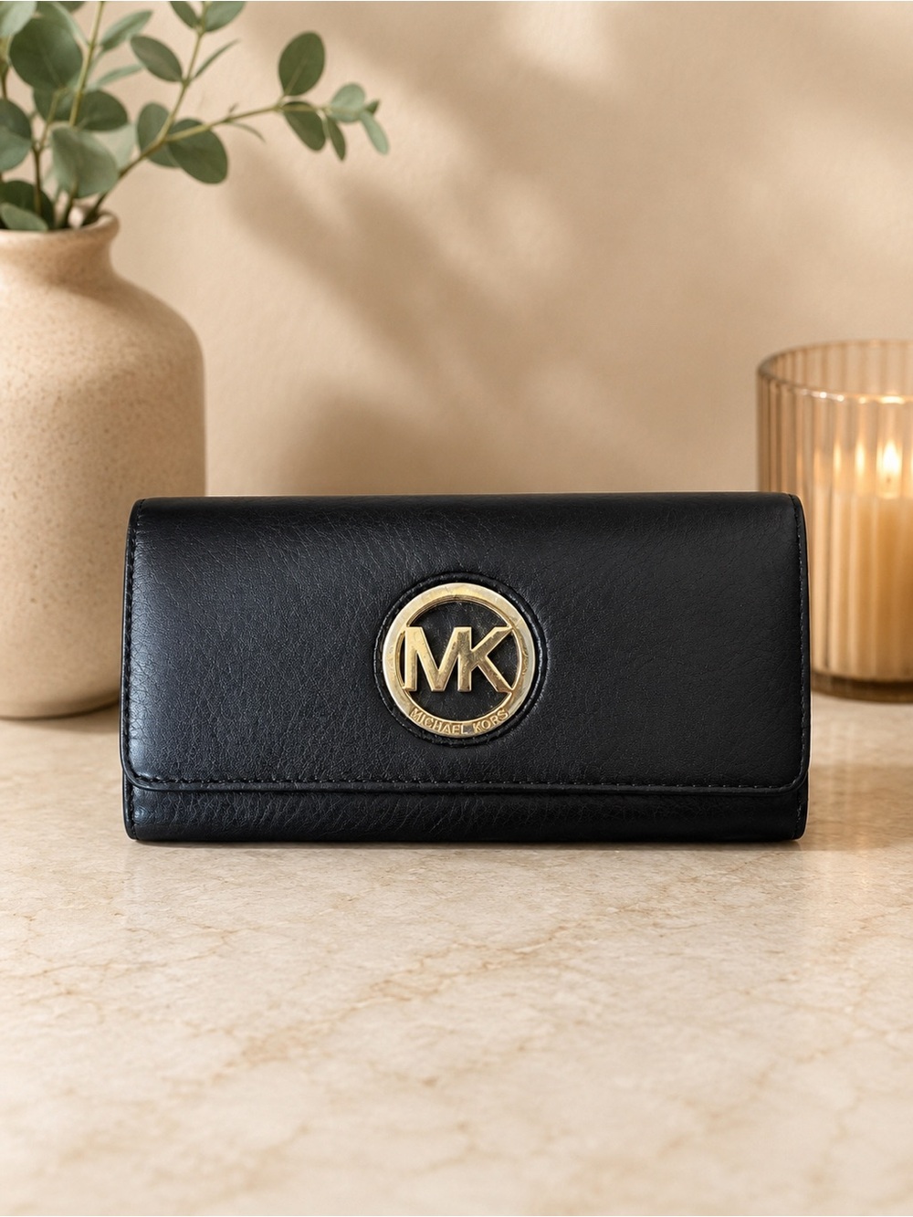 Michael Kors Fulton Black Leather Flap Wallet Gold MK Logo